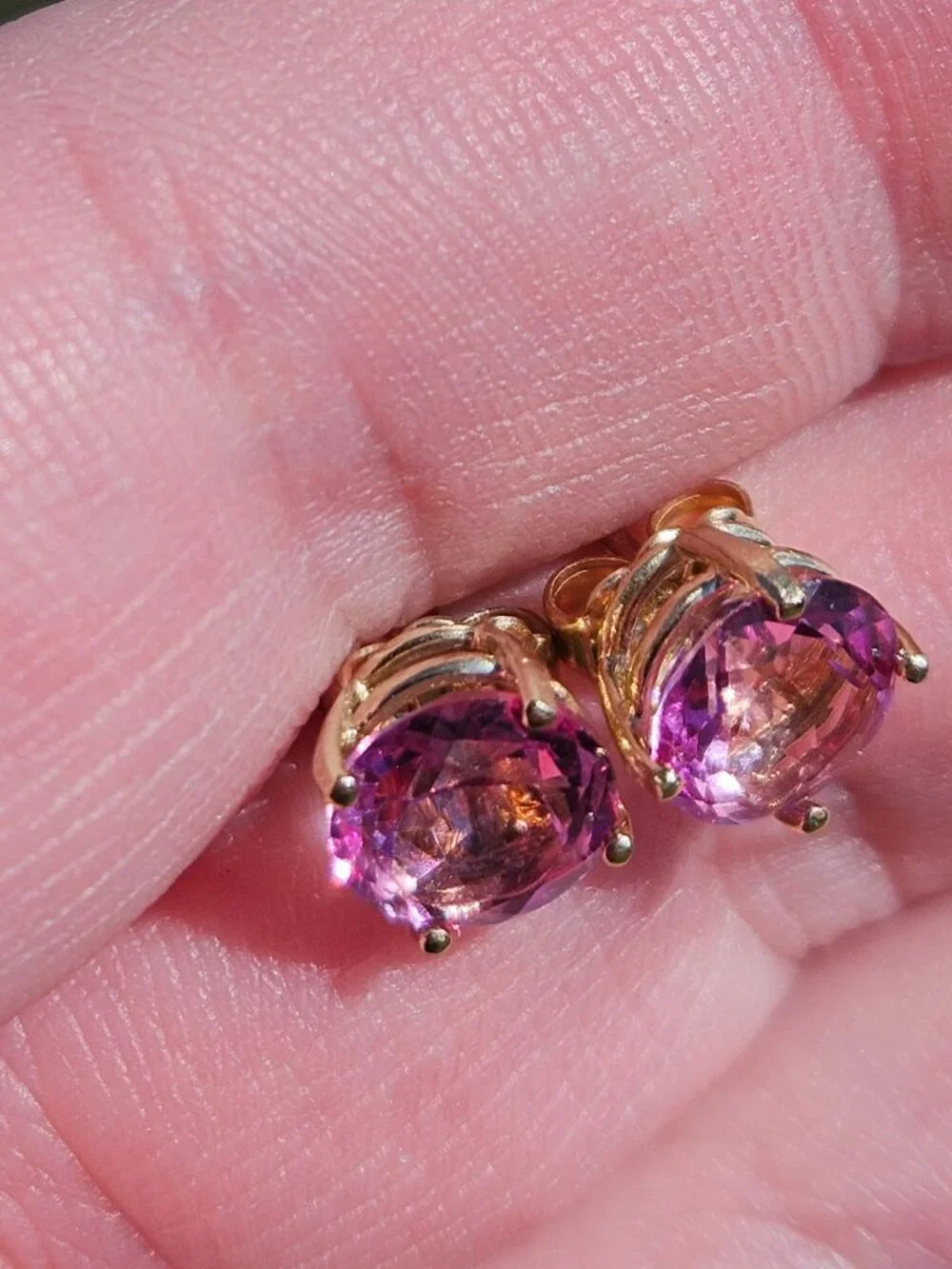 14K Yellow Gold Pink Topaz 4 Prong Stud Earrings 7mm - Picture 8 of 16